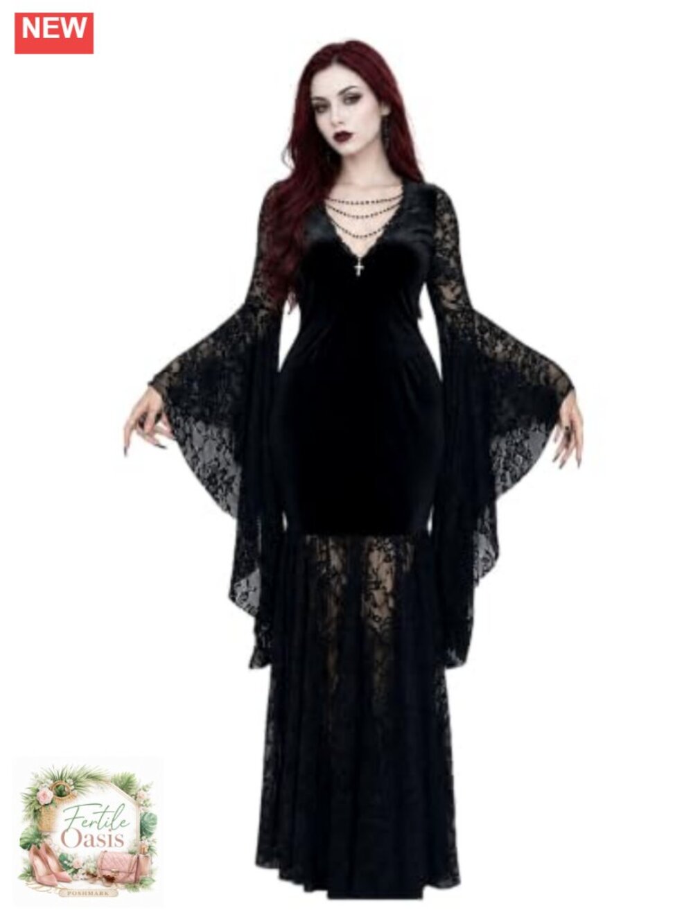 Gothic Maxi Dress with Bat Sleeves and Lace Velvet Patchwork